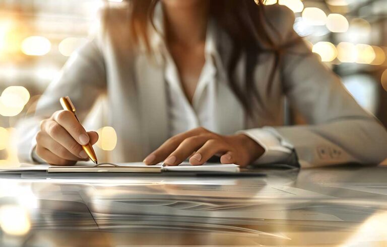 A person works at a home office desk with a laptop, monitor, files, and receipts organized nearby.